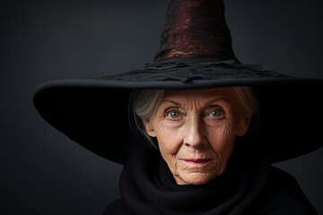 Old woman in a black hat dressed as a witch. Halloween, Thanksgiving concept