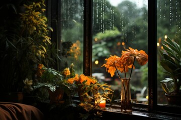 cozy indoor stay on a rainy day with water pounding at the window