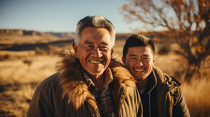 autumnal portrait of a grandfather and his nephew in a desert landscape - obrazy, fototapety, plakaty
