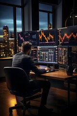 Professional trader investor set on desk and look at big trading charts screens Generative AI