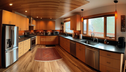 Modern kitchen design with luxury appliances, wood cabinets, and marble countertops generated by AI