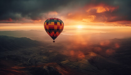 Fototapeta premium Multi colored hot air balloon flying high over mountain landscape generated by AI