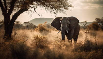 African elephant walking in the savannah at sunrise with herd generated by AI