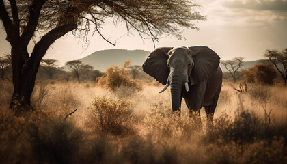 Fototapeta premium African elephant walking in the savannah at sunrise with herd generated by AI