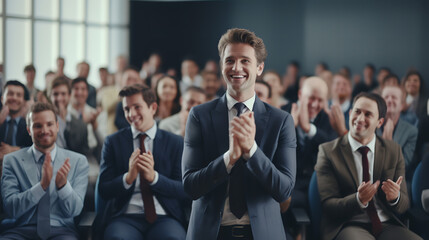 man clapping in audience with group of businesses  - obrazy, fototapety, plakaty
