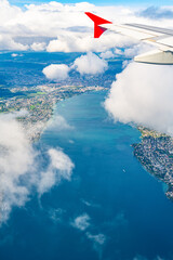 Aerial view of Zuerich and Lake Zuerich on a cloudy summer day photographed from passenger plane....