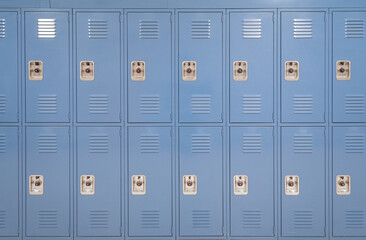 close up on blue lockers in the school