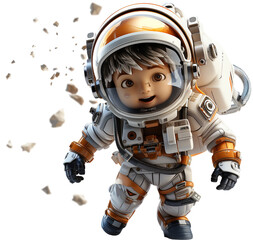 tiny cute astronaut cartoon character in motion, isolated transparent