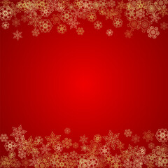 Christmas snowflakes on red background. Glitter frame for seasonal winter banners, gift coupon, voucher, ads, party event. Santa Claus colors with golden Christmas snowflakes. Falling snow for holiday
