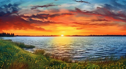 sunset over the ocean, sunset over the sea, fantastic sunset scene over the ocean, sun reflection on the lake, golden time