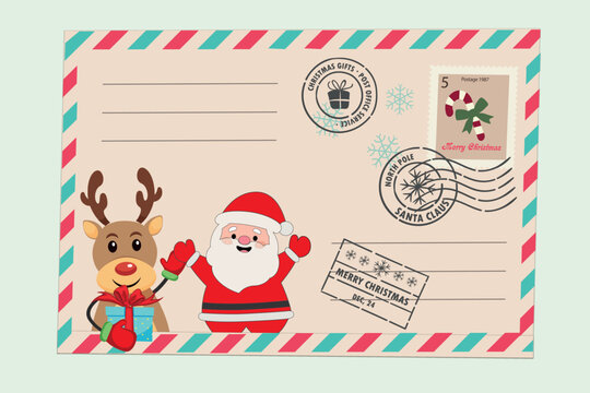 Template of an old Christmas envelope with a picture of Santa Claus and holiday deer. Retro style Christmas card with rubber seal, stamp. Merry Christmas card. Winter Holiday Vintage Greeting Card.