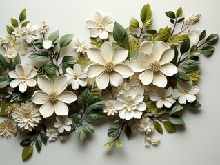 White flowers and green leafs on white wall. Wall decoration with flowers.