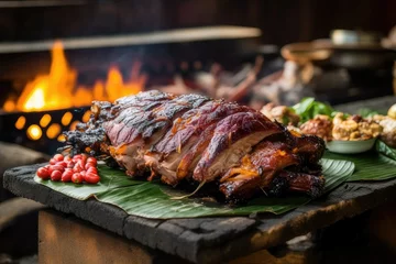 Poster  A traditional Balinese babi guling, cooked over a wood fire, is a sight to behold. The pig is roasted to perfection, with the skin so crispy that it shatters when you bite into it © Didikidiw61447