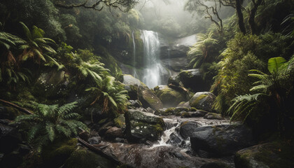 Fototapeta premium Tropical rainforest beauty in nature green leaves, flowing water, adventure generated by AI