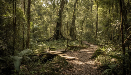 Obraz premium Tranquil scene of a tropical rainforest with lush green foliage generated by AI