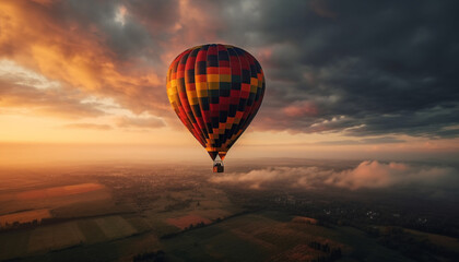 Multi colored hot air balloon flying high above nature beauty generated by AI