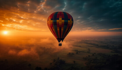 Multi colored hot air balloon soars high over mountain landscape generated by AI