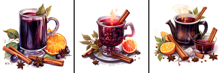 Mulled wine illustration for ads, posters. Warming drink based on dry red wine. Set of glasses of hot red wine with spices, orange slice, cinnamon sticks and anise stars on white background