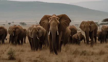Fotobehang African elephant herd walking in a row, grazing in sunlight generated by AI © Stockgiu