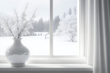 Fototapeta premium Stunning Winter Interior Photo, White Window, Snowy Landscape, Delicate Vase on Table, Professional Serene Ambiance
