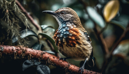 Small bird perching on branch, close up of colorful feathers generated by AI