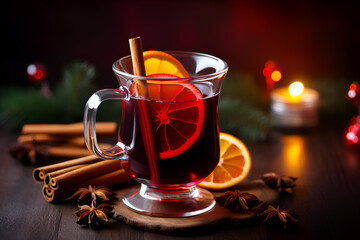 Glass of mulled wine on wooden background with candles. Warming red wine drink. Glass of hot red wine cocktail with spices, orange slice, cinnamon stick and anise stars. Mulled wine background