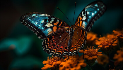 Fototapeta na wymiar Vibrant multi colored butterfly wing showcases natural beauty and fragility generated by AI