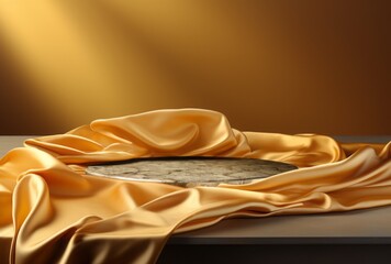 Gold podium background product silk luxury black 3d golden display fabric abstract premium stage. Background elegant studio gold pedestal podium presentation cloth backdrop design. Generative AI - obrazy, fototapety, plakaty