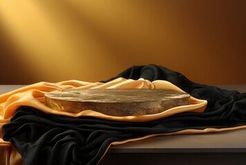 Gold podium background product silk luxury black 3d golden display fabric abstract premium stage. Background elegant studio gold pedestal podium presentation cloth backdrop design. Generative AI