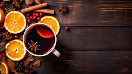 Top view of a Glass of mulled wine on wooden background with copy space. Warming red wine drink. Glass of hot red wine with spices, orange slice, cinnamon stick and anise stars. Mulled wine background - obrazy, fototapety, plakaty