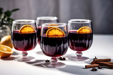 Set of glasses with mulled wine on minimalistic light background. Warming drink based on red wine. Set of hot red wine cocktails with spices, orange slice, cinnamon and anise. Mulled wine ads banner