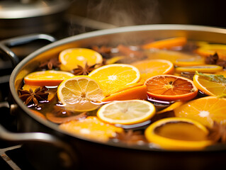 Close-up of a pot of mulled wine, process of cooking warming red wine drink. Home made mulled red...