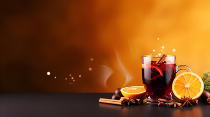 Mulled wine ads banner. Glass of mulled wine on colored bokeh background, copy space. Warming drink based on red wine. Glass of hot red wine with spices, orange slice, cinnamon stick and anise stars.