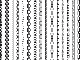 Chain brushes seamless pattern. Chains thread, jewelry black silhouette. Technical structure, machine or cable elements decent vector set