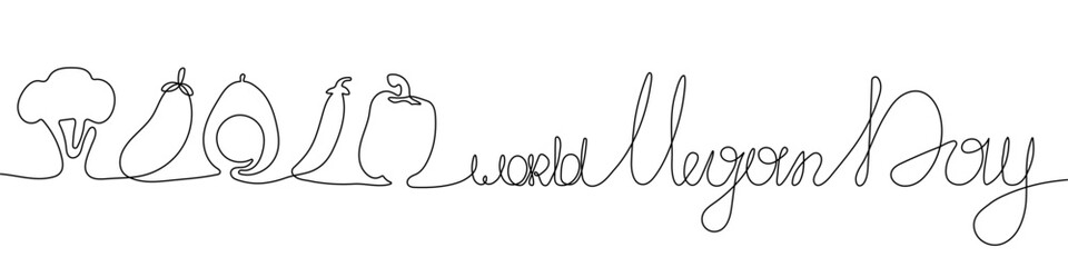 World vegan day, hand drawn vector illustration. One continuous line drawing. One line art. Happy Vegan day, lettering. Pepper, broccoli, avocado, peas, eggplant.