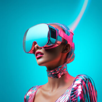 Neon portrait of young girl with virtual reality glasses. Future technology concept.