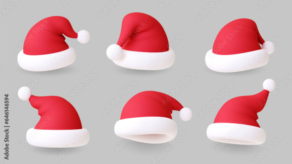 Poster 3d santa hats. christmas hat realistic, modern xmas party red head accessories. new year symbol, win