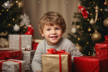 Fototapeta na wymiar Excited Child Amidst a Sea of Christmas Gifts
