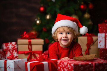 Fototapeta na wymiar Christmas Morning Delight: Child and Gift Boxes