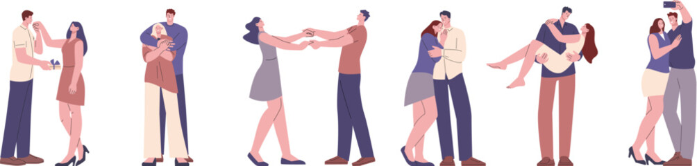 Different couples in love. Isolated man woman kissing and cuddling, hugging. Cute lovers on dating, sweet romantic relationship kicky vector set