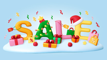 Christmas sale 3d background. Store discount banner, render gift boxes, bags on snow hill and confetti. Xmas plasticine pithy vector design