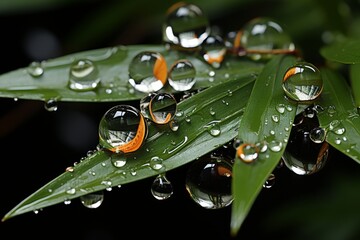 macro photograph of water droplets on a green leaf