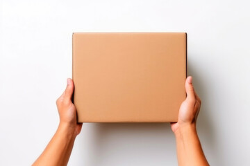 Two Hands with Cardboard Box on Clean White Surface