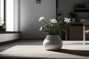 Fototapeta premium Wood Table, White Flower Pot, Serene Open Space, Captivating Interior Design Photo, Professional Photography