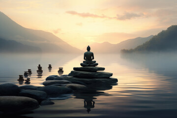 Buddha Statues Meditating by Tranquil Waters, Generative AI