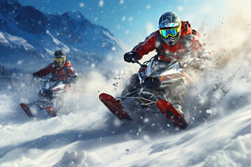 Fototapeta na wymiar Snowmobile Adventure in Mountain Wilderness - Winter Thrills - Generative AI 