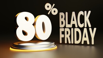 Modern 3d illustration of gold podium, 80% off text against black background. Minimal concept. 3d illustration highly usable. Black Friday design, sale, special offer.