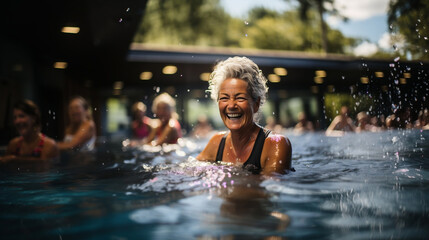 elder woman in a pool whilst smiling into the camera