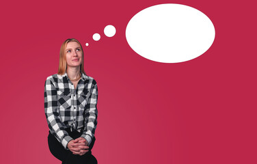 Beautiful smiling woman with natural makeup in fashion clothes looking emotionaly on copy space. 