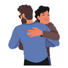 Adult Men Friendly Hug, Warm Embrace That Conveys Camaraderie And Respect. Happy Male Characters Friendly Embrace